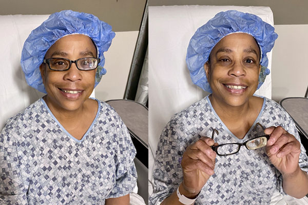 Smiling Cataract Patient Cataract patient smiling because she no longer needs glasses after cataract surgery.