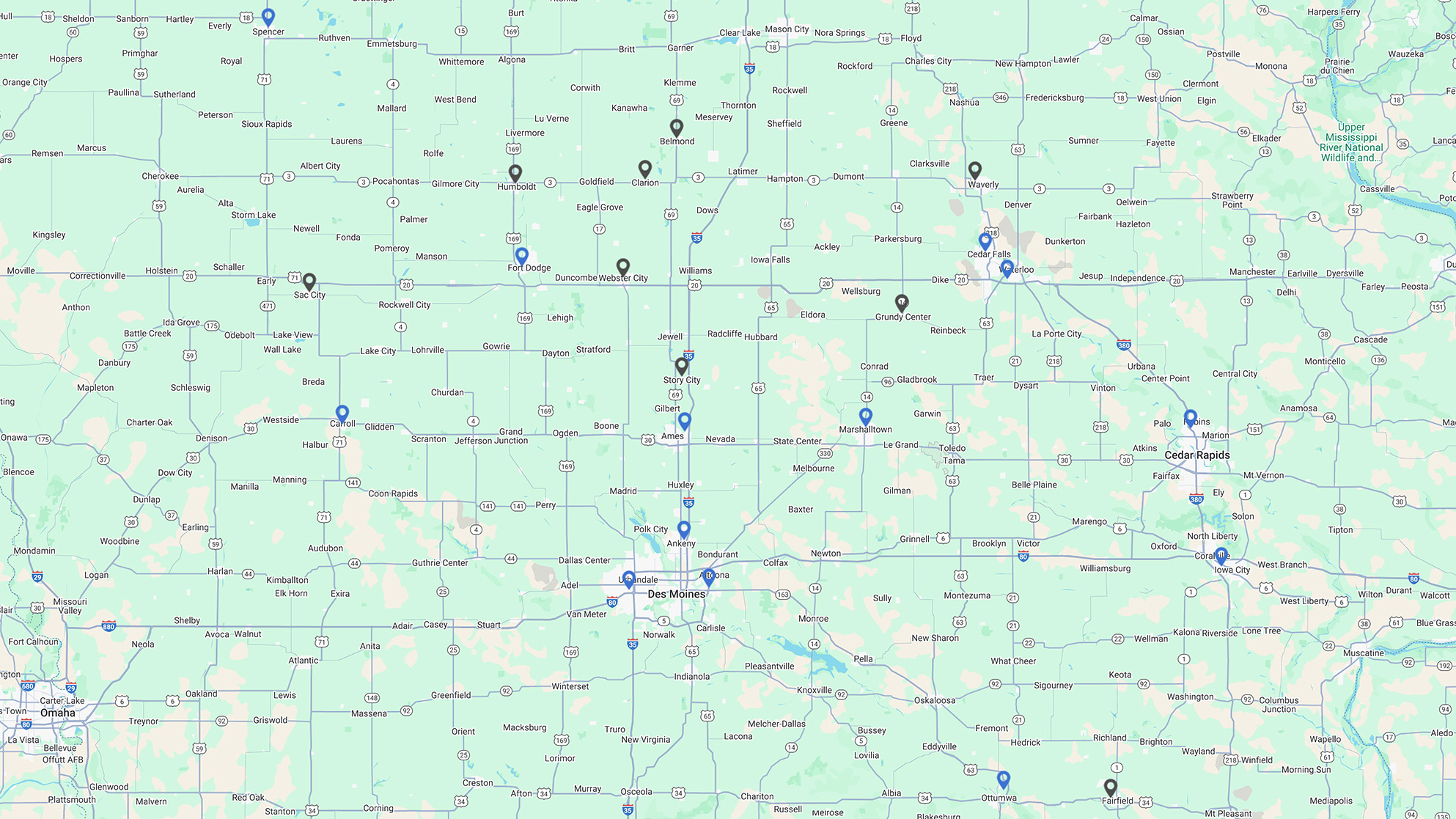 Map of Wolfe Eye Clinic Iowa locations